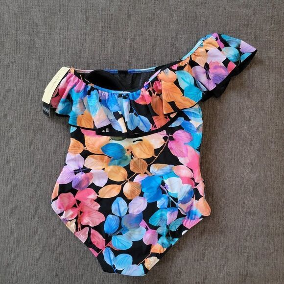 Gottex Woman Color Rush Ruffled One Shoulder black floral One Piece Swimsuit 12 - Picture 15 of 15